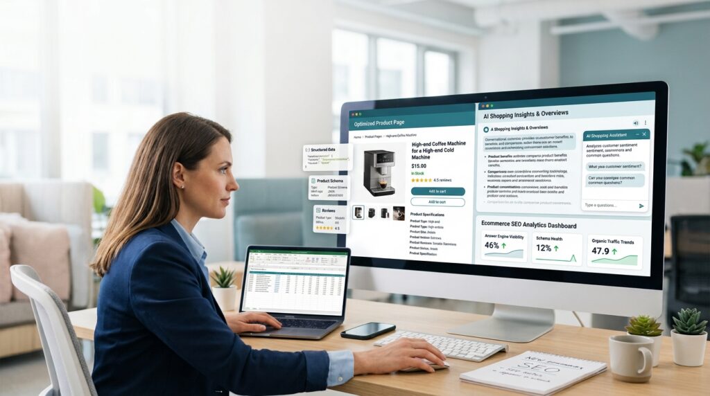 AEO for Shopify and WooCommerce product pages optimized for AI shopping assistants and search recommendations